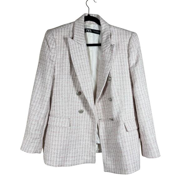 Zara Light Pink Tweed Textured Double Breasted Blazer sz XL - Picture 1 of 10